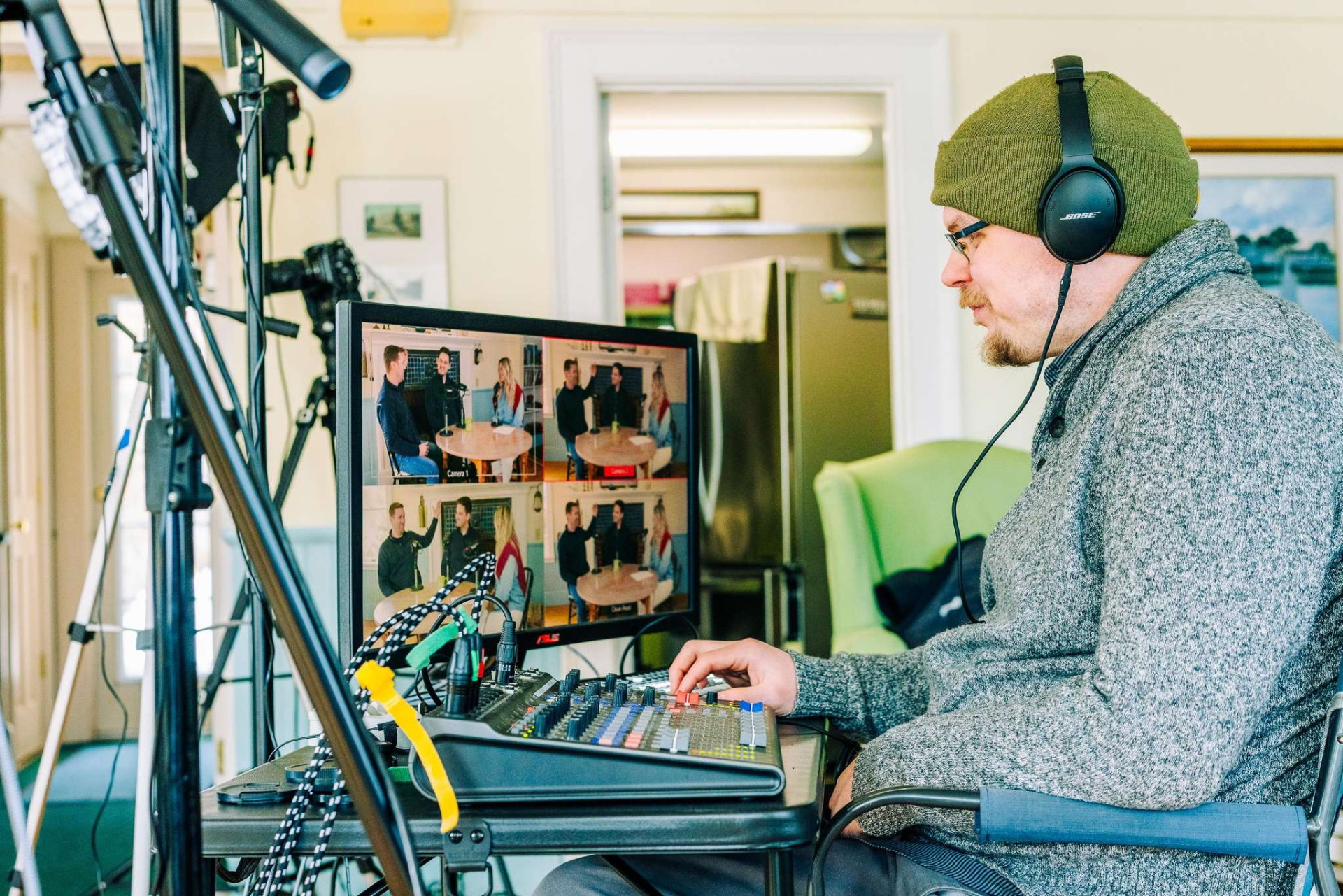 Gardiner Bryant performing live video switching for the Maine Famous podcast